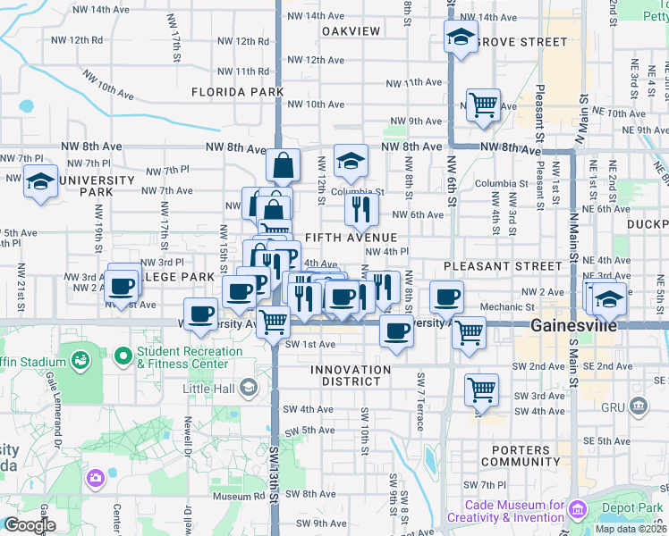 map of restaurants, bars, coffee shops, grocery stores, and more near in Gainesville