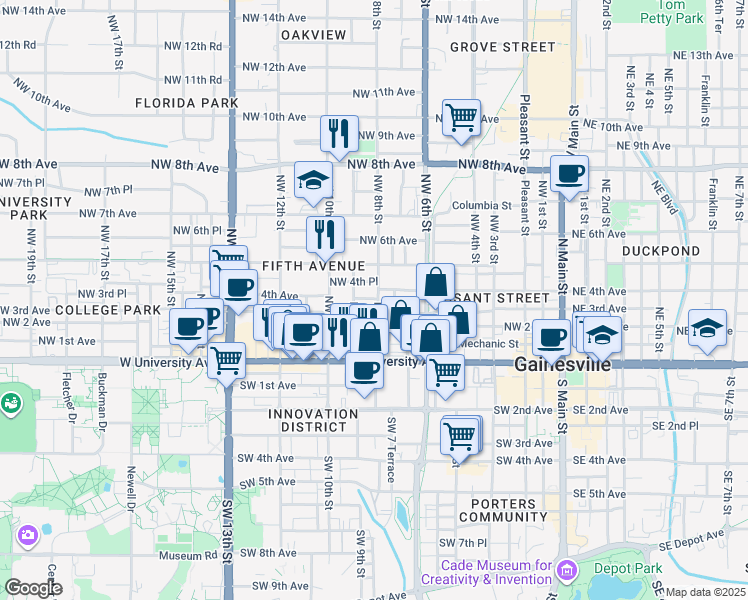 map of restaurants, bars, coffee shops, grocery stores, and more near 811 Northwest 4th Place in Gainesville