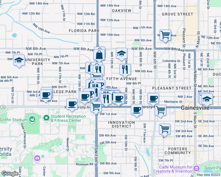 map of restaurants, bars, coffee shops, grocery stores, and more near 1203 Northwest 4th Avenue in Gainesville