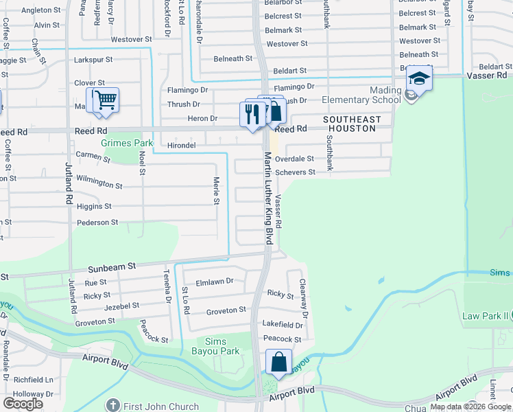 map of restaurants, bars, coffee shops, grocery stores, and more near 5634 Simsdale Street in Houston