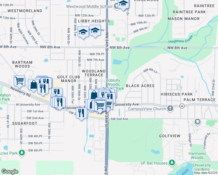 map of restaurants, bars, coffee shops, grocery stores, and more near 414 Florida 121 in Gainesville