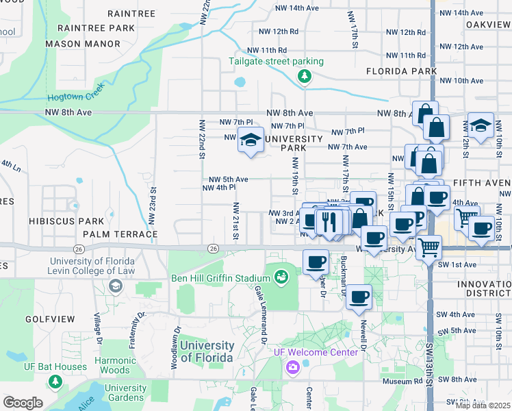 map of restaurants, bars, coffee shops, grocery stores, and more near 2026 Northwest 3rd Avenue in Gainesville