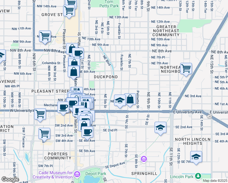 map of restaurants, bars, coffee shops, grocery stores, and more near 520 Northeast 4th Avenue in Gainesville