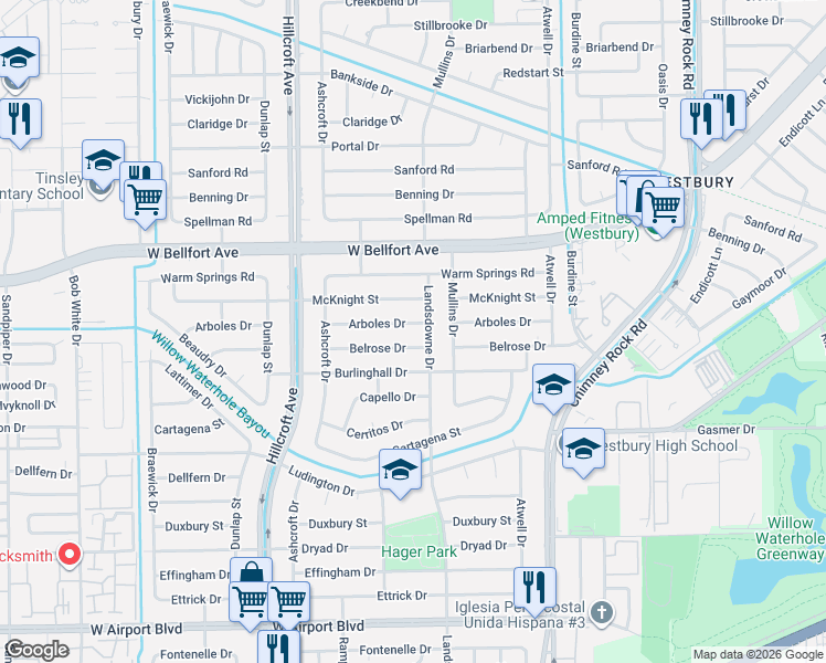 map of restaurants, bars, coffee shops, grocery stores, and more near 5702 Arboles Drive in Houston