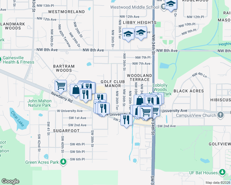map of restaurants, bars, coffee shops, grocery stores, and more near 414 Northwest 36th Street in Gainesville