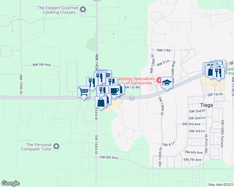 map of restaurants, bars, coffee shops, grocery stores, and more near 14040 West Newberry Road in Newberry