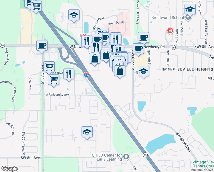 map of restaurants, bars, coffee shops, grocery stores, and more near Unnamed Road in Gainesville