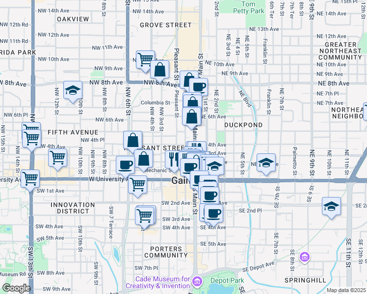map of restaurants, bars, coffee shops, grocery stores, and more near 102 Northwest 4th Avenue in Gainesville