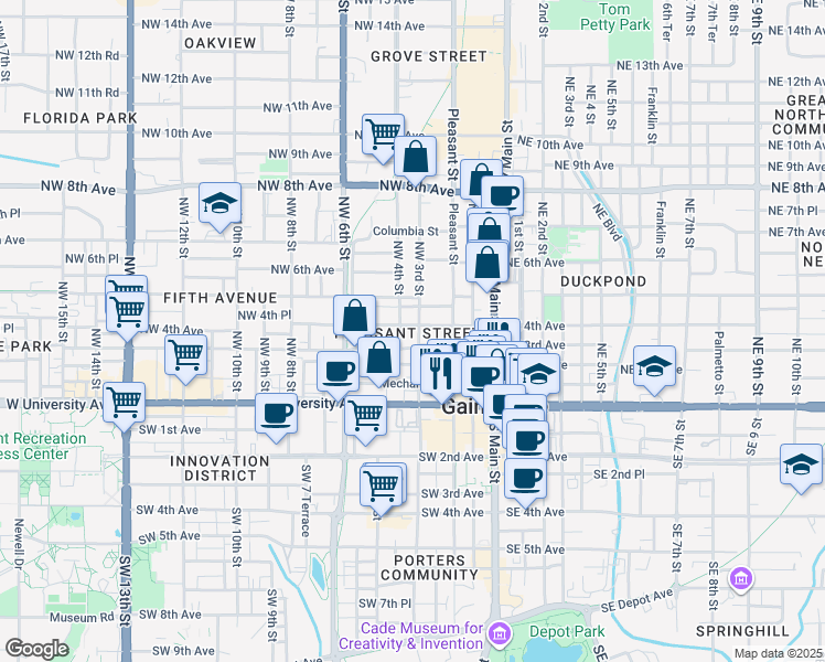 map of restaurants, bars, coffee shops, grocery stores, and more near 225 Northwest 4th Place in Gainesville