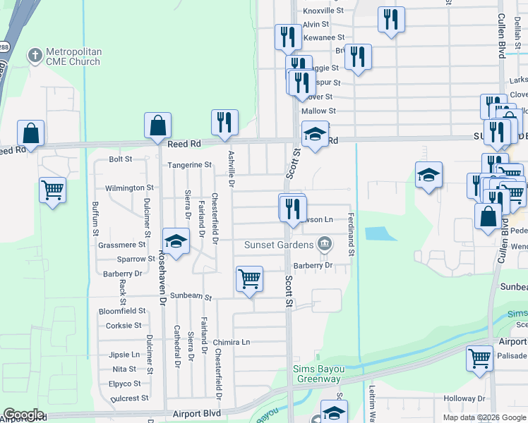 map of restaurants, bars, coffee shops, grocery stores, and more near 3611 Rockingham Street in Houston