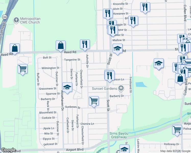 map of restaurants, bars, coffee shops, grocery stores, and more near 3611 Rockingham Street in Houston