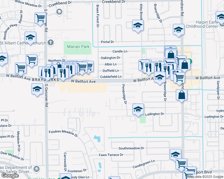 map of restaurants, bars, coffee shops, grocery stores, and more near 7927 Wolfield Lane in Houston