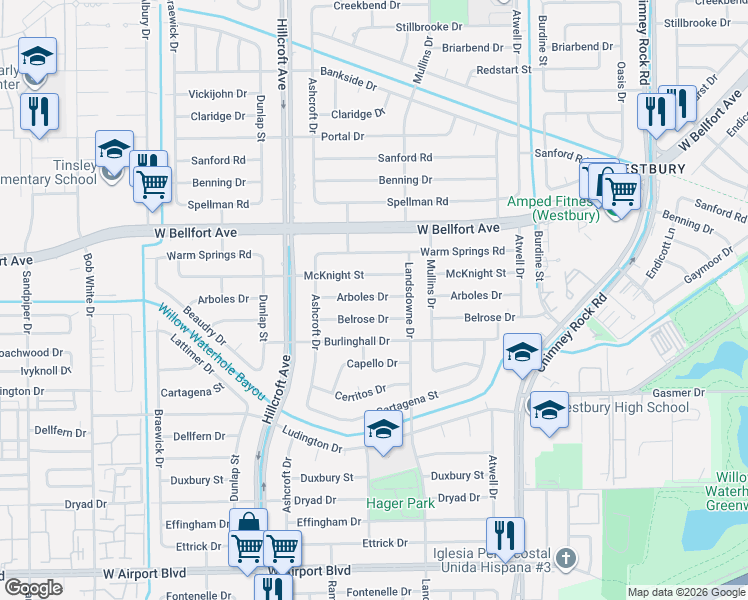 map of restaurants, bars, coffee shops, grocery stores, and more near 5726 Arboles Drive in Houston