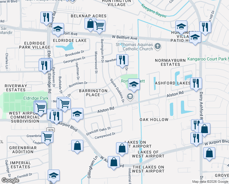 map of restaurants, bars, coffee shops, grocery stores, and more near 2219 Squire Dobbins Drive in Sugar Land