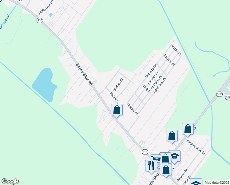 map of restaurants, bars, coffee shops, grocery stores, and more near 101-199 Quebec St in Houma