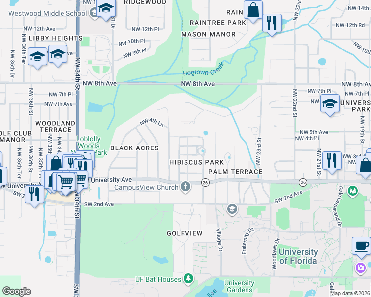 map of restaurants, bars, coffee shops, grocery stores, and more near 2716 Northwest 4th Avenue in Gainesville