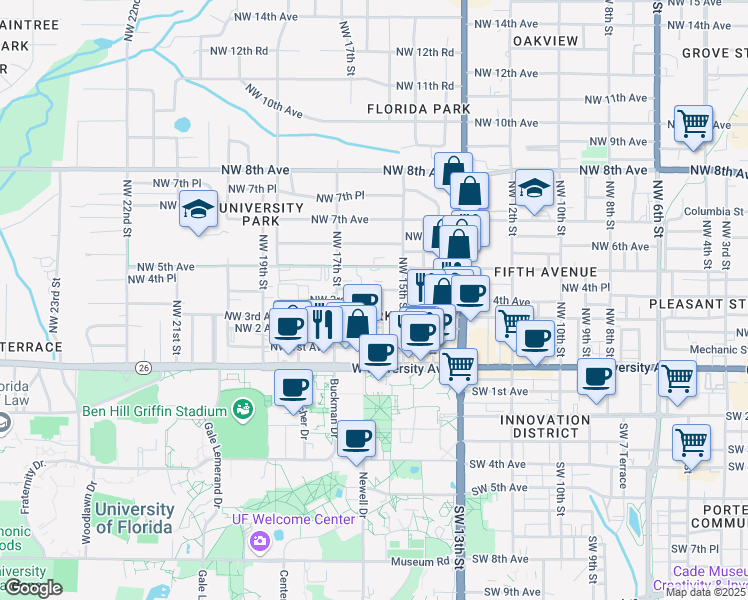 map of restaurants, bars, coffee shops, grocery stores, and more near 323 Northwest 16th Street in Gainesville