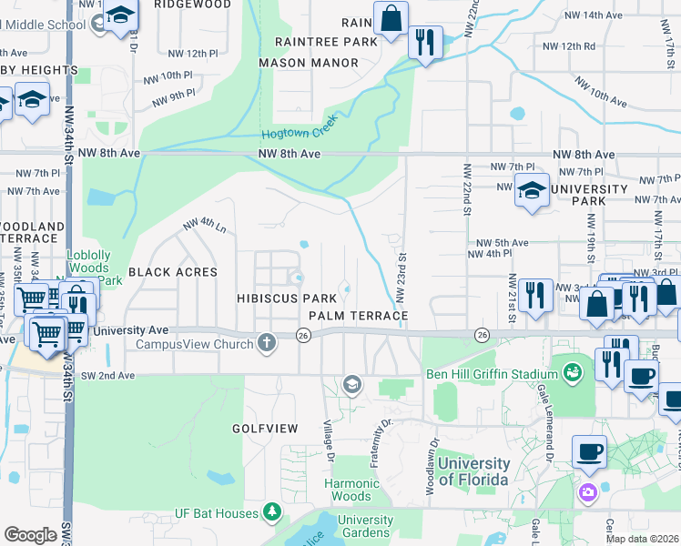 map of restaurants, bars, coffee shops, grocery stores, and more near 409 Northwest 24 Street in Gainesville