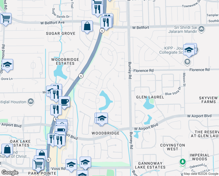 map of restaurants, bars, coffee shops, grocery stores, and more near 10922 Hundred Bridge Lane in Sugar Land