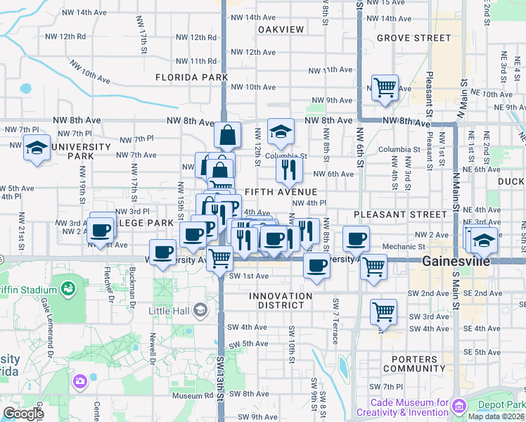 map of restaurants, bars, coffee shops, grocery stores, and more near in Gainesville
