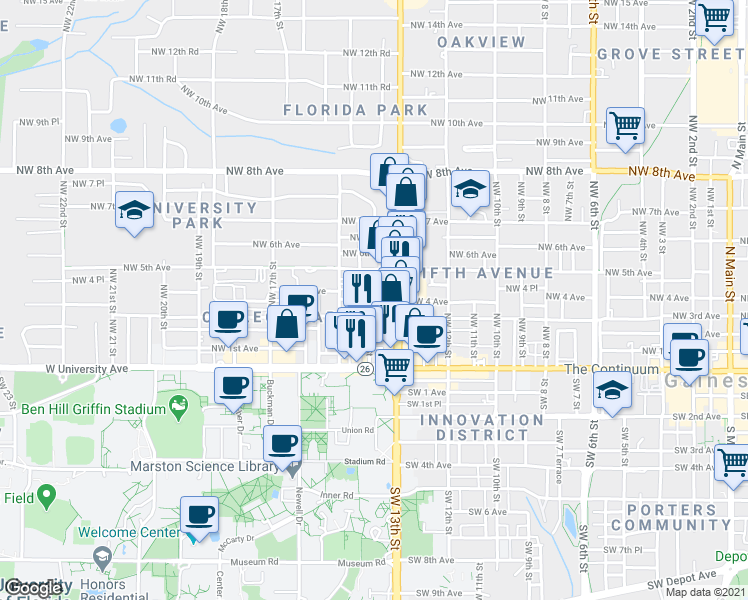 map of restaurants, bars, coffee shops, grocery stores, and more near 408 Northwest 14th Street in Gainesville