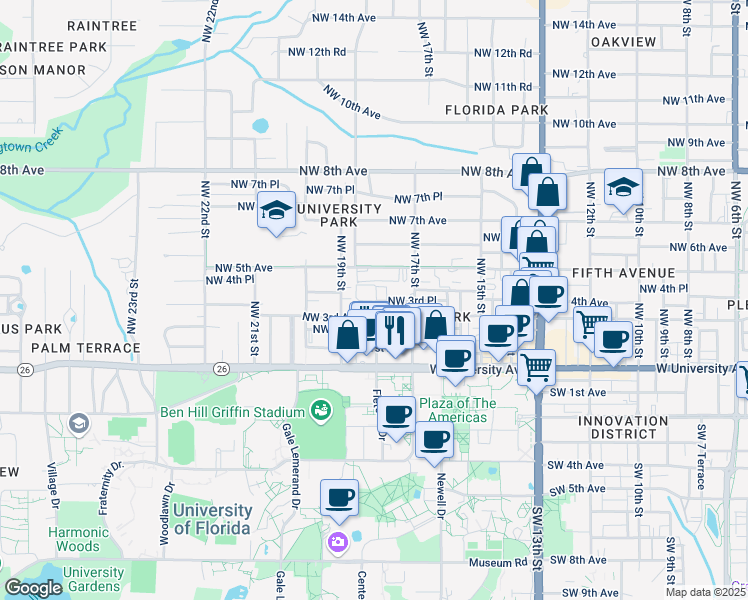 map of restaurants, bars, coffee shops, grocery stores, and more near 44 Northwest 4th Place in Gainesville