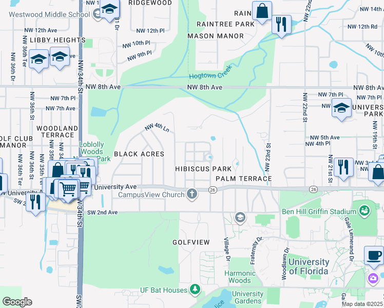 map of restaurants, bars, coffee shops, grocery stores, and more near 2716 Northwest 4th Avenue in Gainesville