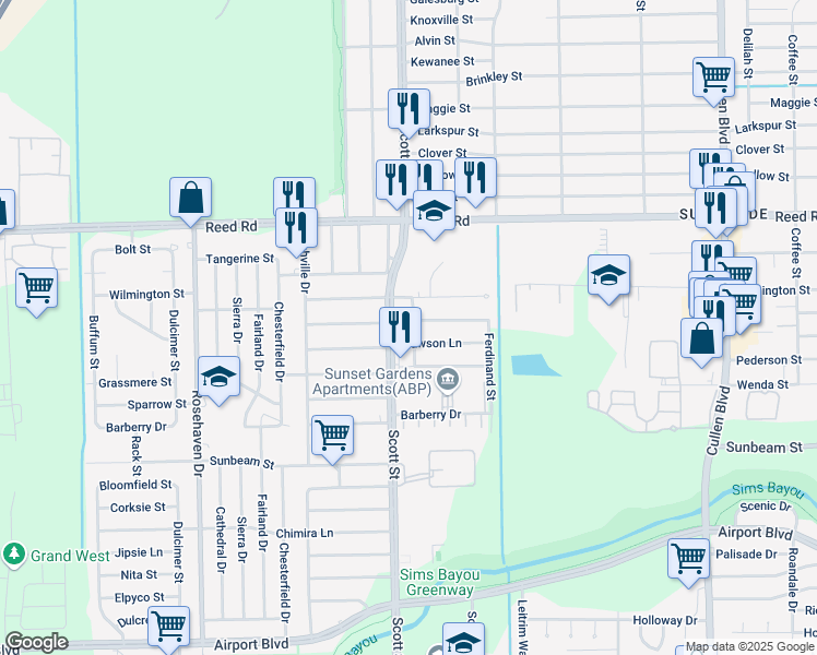 map of restaurants, bars, coffee shops, grocery stores, and more near 9425 Scott Street in Houston