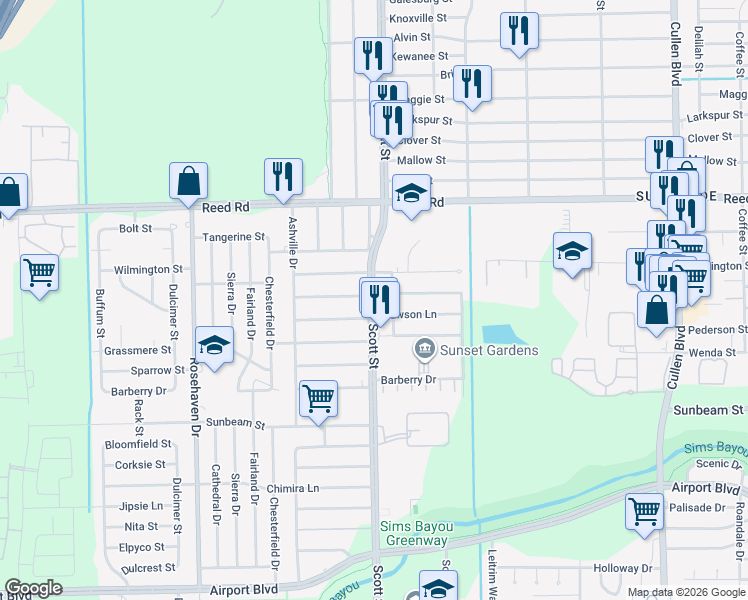 map of restaurants, bars, coffee shops, grocery stores, and more near 9425 Scott Street in Houston