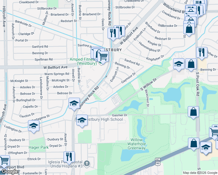 map of restaurants, bars, coffee shops, grocery stores, and more near 5222 Mc Knight Street in Houston