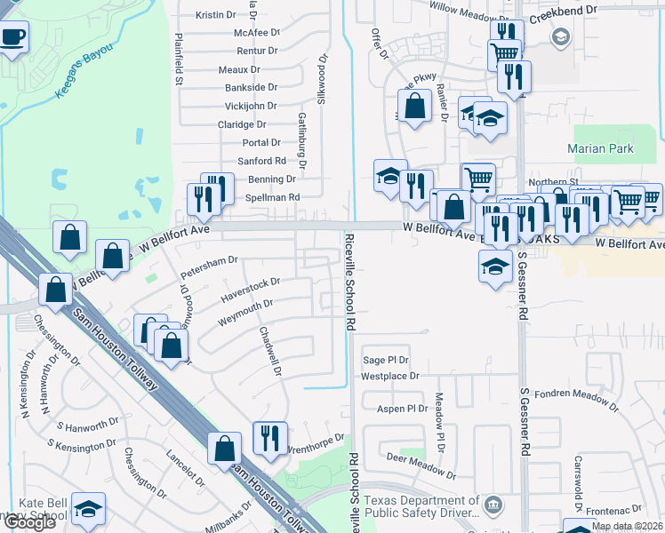 map of restaurants, bars, coffee shops, grocery stores, and more near 8702 Gatlinburg Drive in Houston