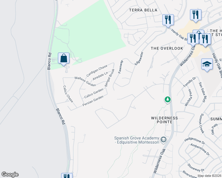 map of restaurants, bars, coffee shops, grocery stores, and more near 22906 Bengal Brook in San Antonio