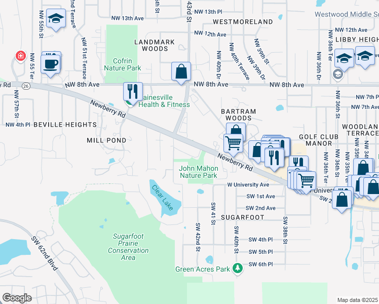 map of restaurants, bars, coffee shops, grocery stores, and more near 4343 West Newberry Road in Gainesville