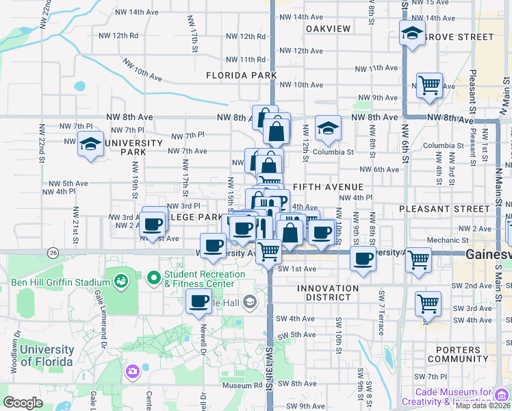 map of restaurants, bars, coffee shops, grocery stores, and more near 402 Northwest 13th Terrace in Gainesville