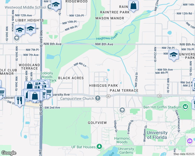 map of restaurants, bars, coffee shops, grocery stores, and more near 2707 Northwest 4th Avenue in Gainesville