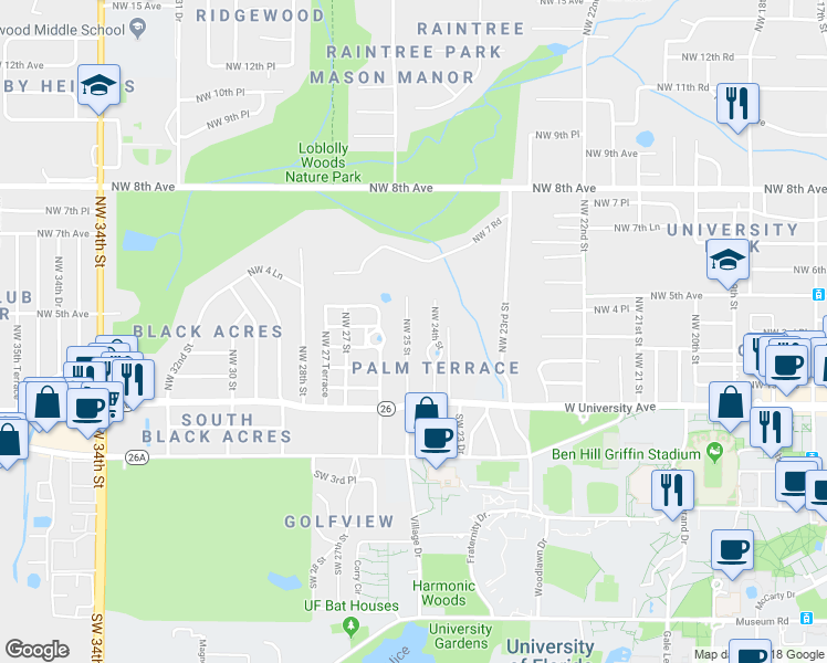 map of restaurants, bars, coffee shops, grocery stores, and more near 319 Northwest 25 Street in Gainesville