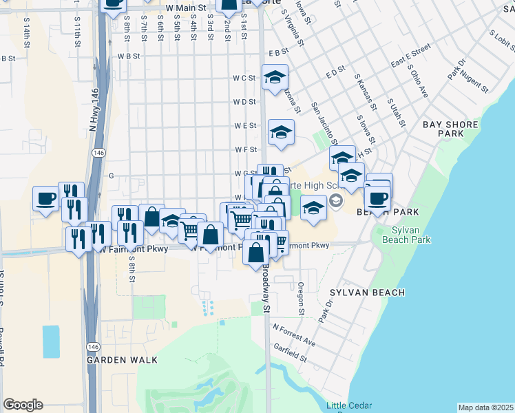 map of restaurants, bars, coffee shops, grocery stores, and more near 901 South Broadway Street in La Porte