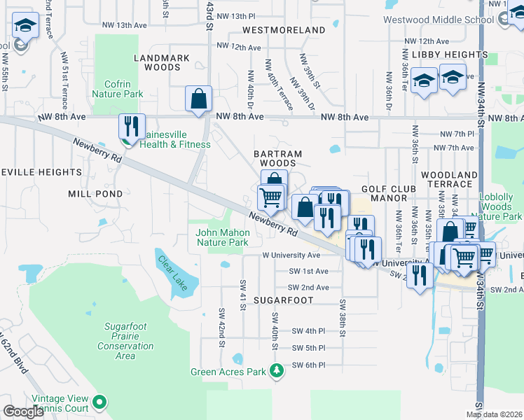 map of restaurants, bars, coffee shops, grocery stores, and more near 522 Northwest 39th Road in Gainesville