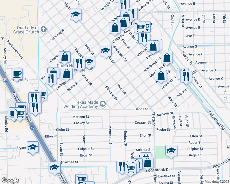 map of restaurants, bars, coffee shops, grocery stores, and more near 1808 Waco Street in South Houston
