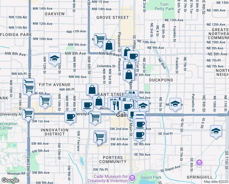 map of restaurants, bars, coffee shops, grocery stores, and more near 225 Northwest 4th Place in Gainesville