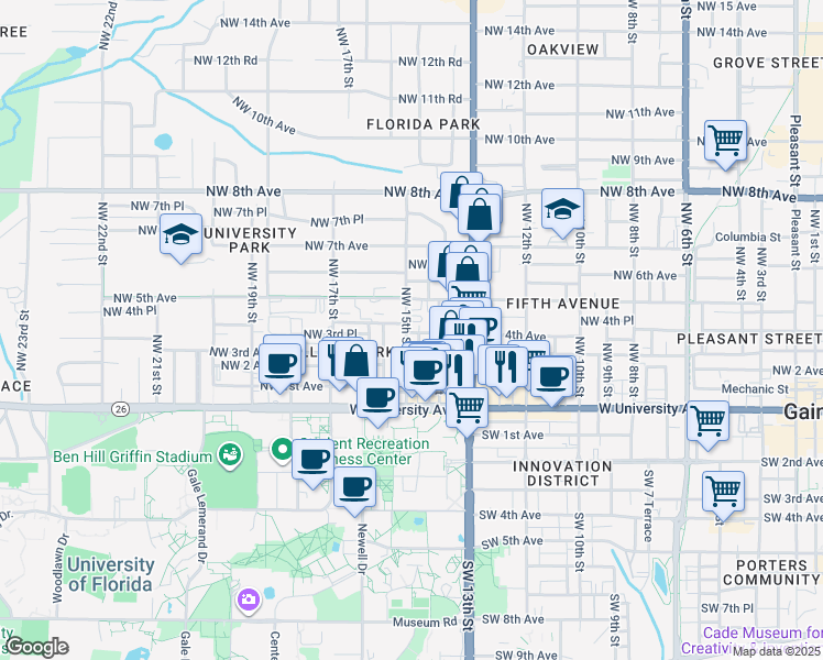 map of restaurants, bars, coffee shops, grocery stores, and more near 408 Northwest 14th Street in Gainesville