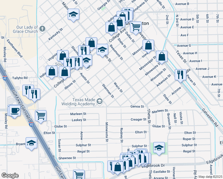 map of restaurants, bars, coffee shops, grocery stores, and more near 1808 Waco Street in South Houston