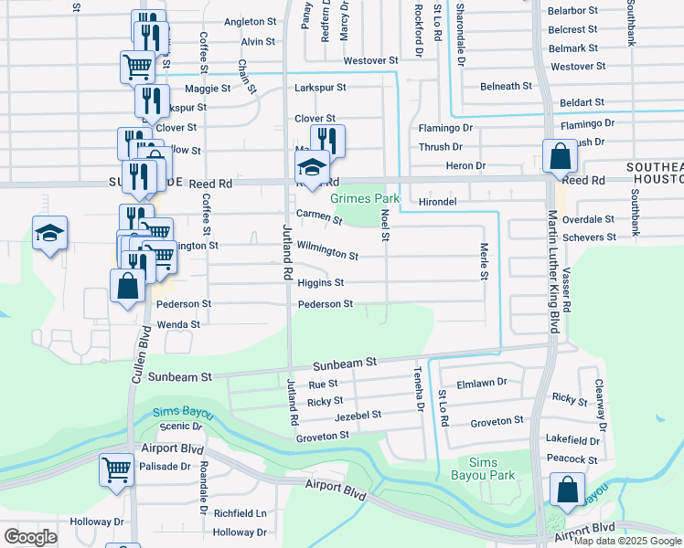 map of restaurants, bars, coffee shops, grocery stores, and more near 5114 Wilmington Street in Houston
