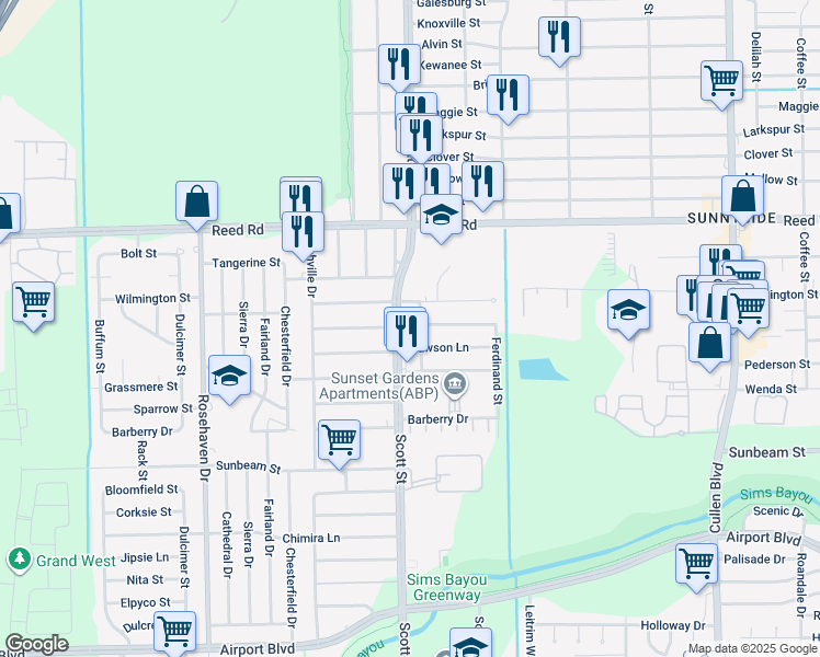 map of restaurants, bars, coffee shops, grocery stores, and more near 9425 Scott Street in Houston