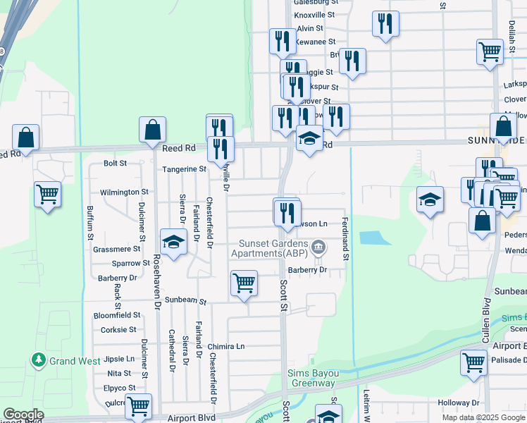 map of restaurants, bars, coffee shops, grocery stores, and more near 3611 Rockingham Street in Houston
