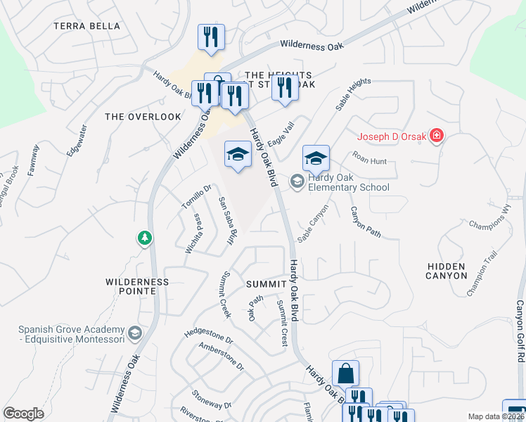 map of restaurants, bars, coffee shops, grocery stores, and more near 23103 Hardy Oak Boulevard in San Antonio