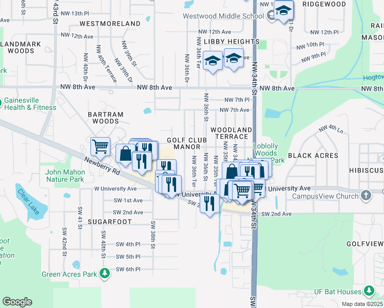 map of restaurants, bars, coffee shops, grocery stores, and more near 402 Northwest 36th Terrace in Gainesville
