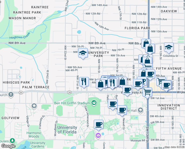 map of restaurants, bars, coffee shops, grocery stores, and more near 1922 Northwest 4th Avenue in Gainesville