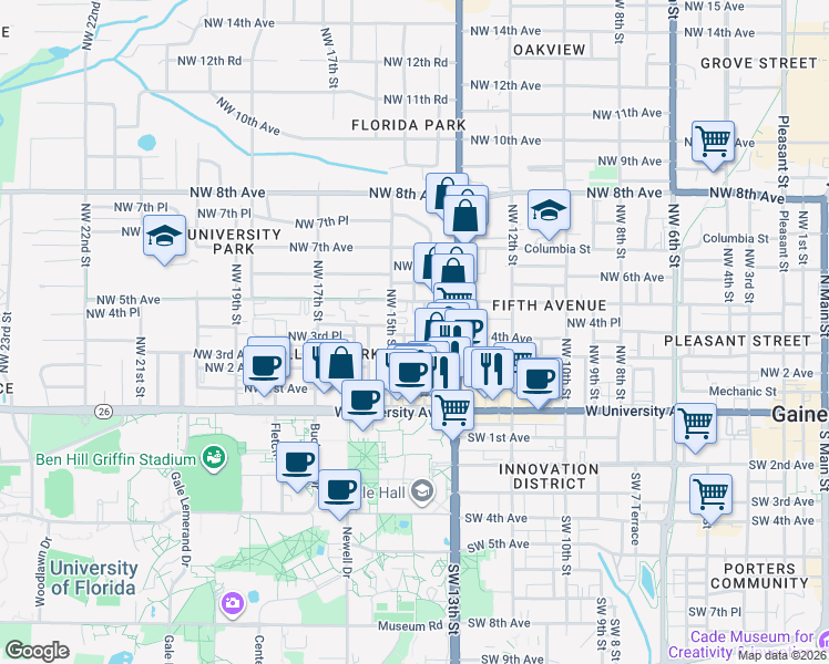 map of restaurants, bars, coffee shops, grocery stores, and more near 408 Northwest 14th Street in Gainesville