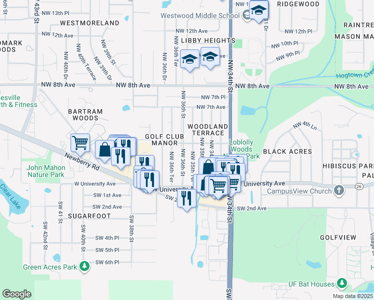 map of restaurants, bars, coffee shops, grocery stores, and more near 413 Northwest 35th Terrace in Gainesville